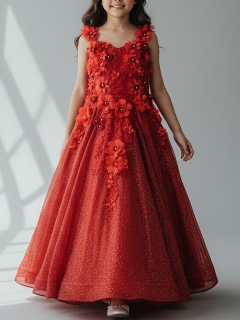 Red Floral Lace & Tulle Princess Ball Gown - Size 7